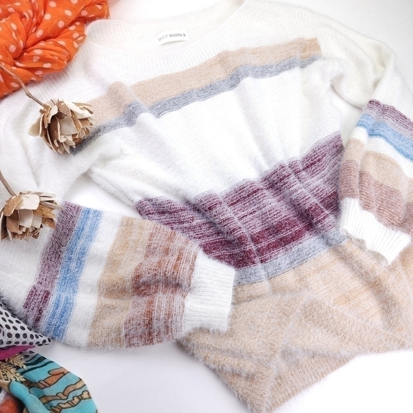 New Shop Wanna B White Camel Stripe Sweater Sz L - Picture 2 of 11
